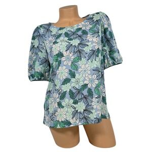 LOFT Women Size SMALL Floral Print Short Sleeve Blouse Top Light Blue Green Pink
